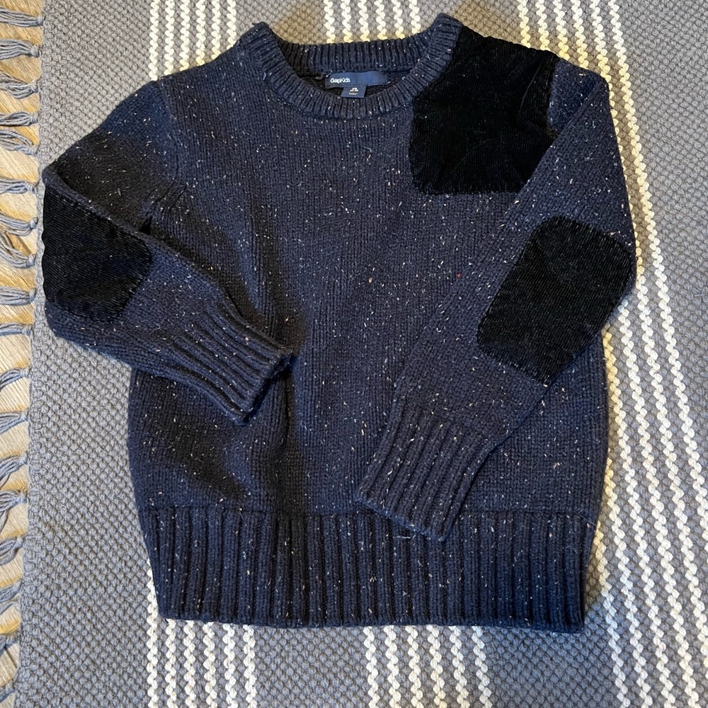 GAP Men's Dark Gray Crewneck Sweater with Black Patches